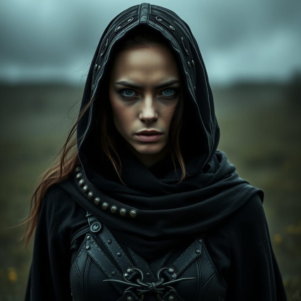 Enigmatic Warrior in Shadowy Biomechanical Armor