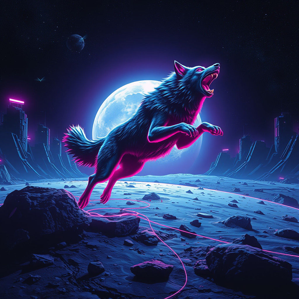 Neon Wolf Leap on Lunar Surface: Synthwave Retroscape