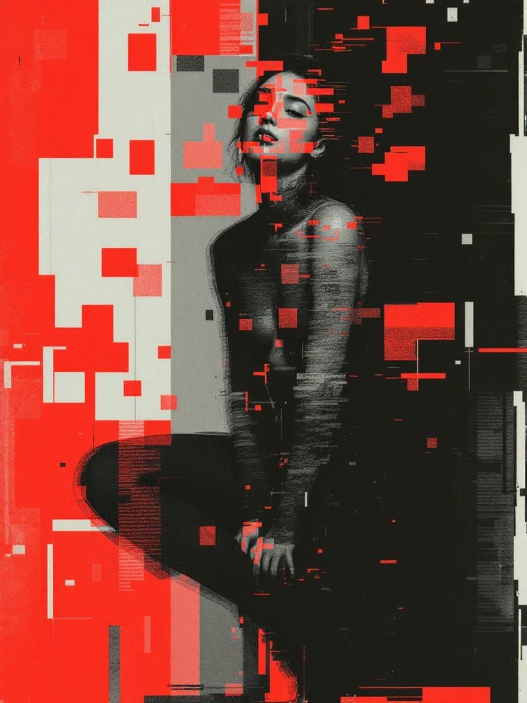 Fragmented Figure Study in Glitch Art Style
