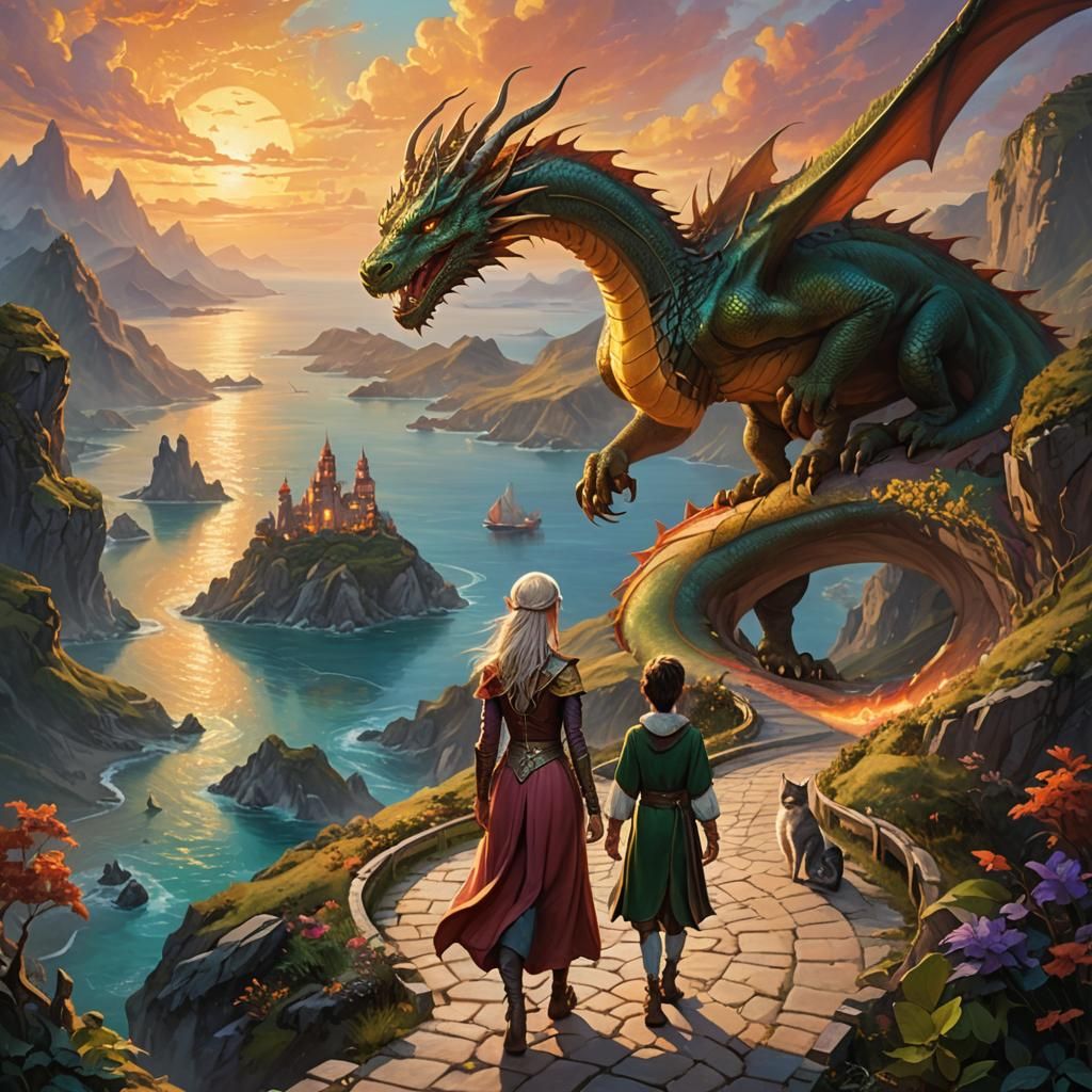 Dragon, Cat, and Elf Journey to the Sea