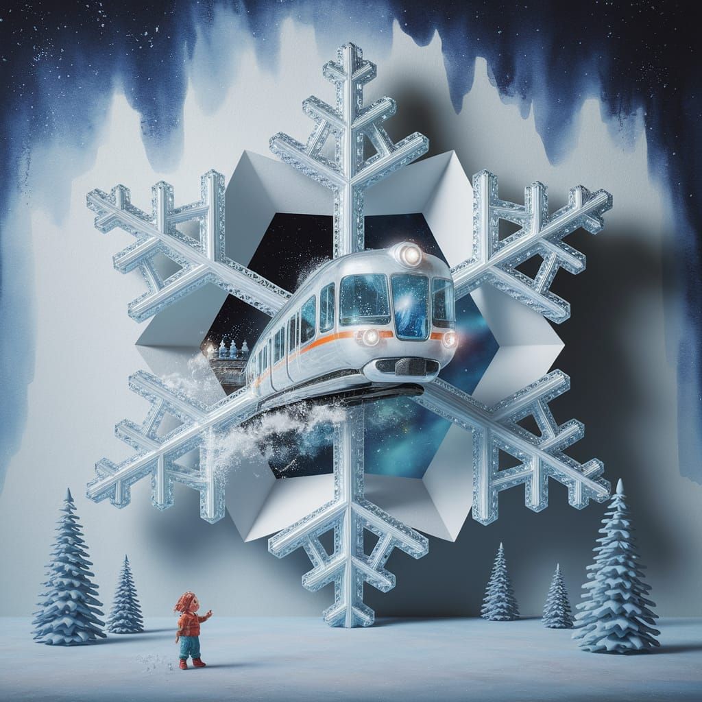 Crystal Snowflake Opens to Fantastic Landscape with Train