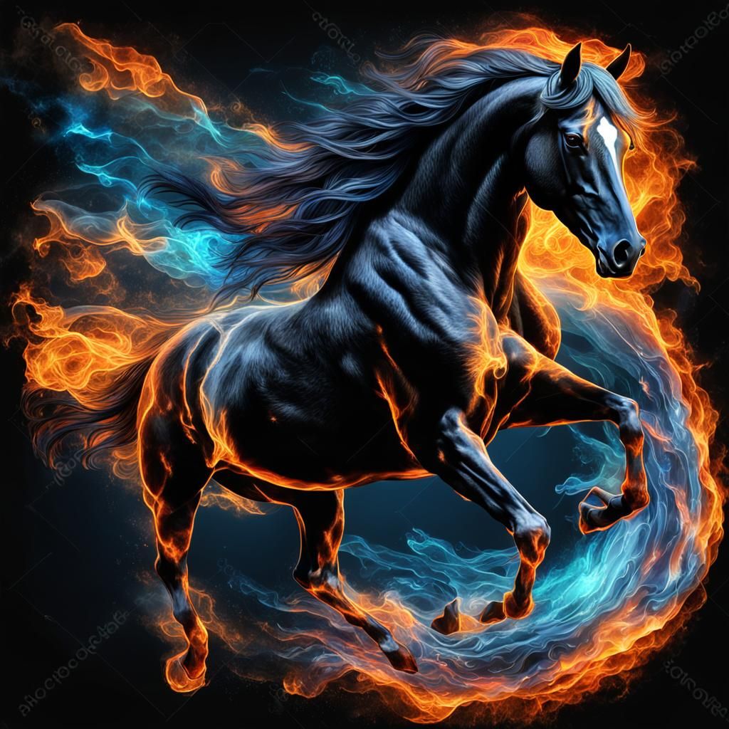 Bioluminescent Fire Horse Flying in Crystal Ocean