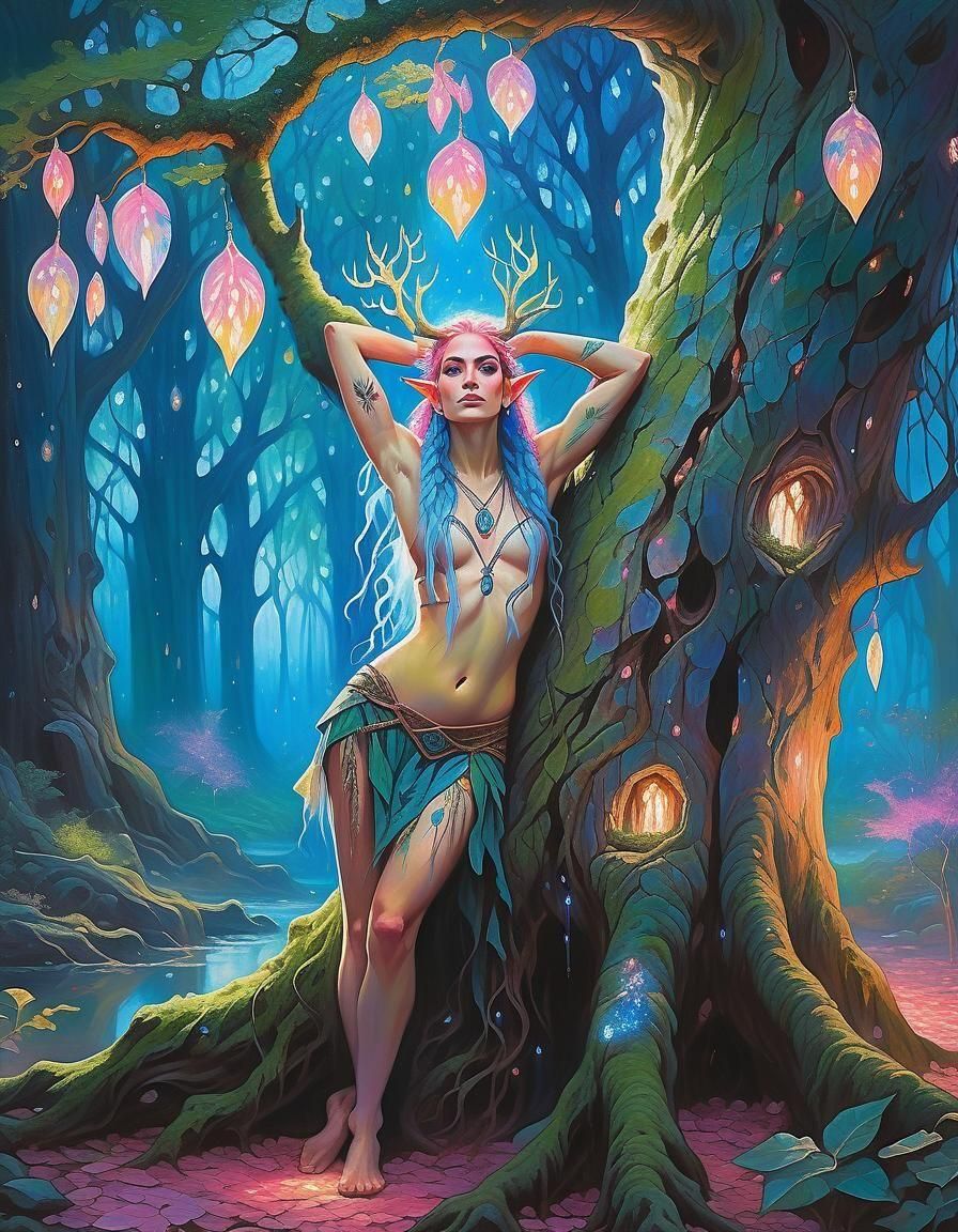 Mystical Elf Merging with Ancient Tree