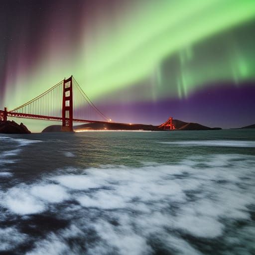 golden gate bridge during a tsunami & meteor showers during a stunning aurora borealis detailed matte painting, deep c...