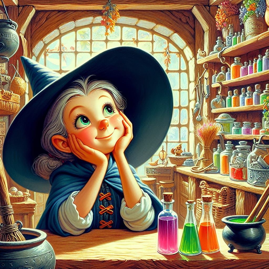 Charming Witch Observes Whimsical Magic Store