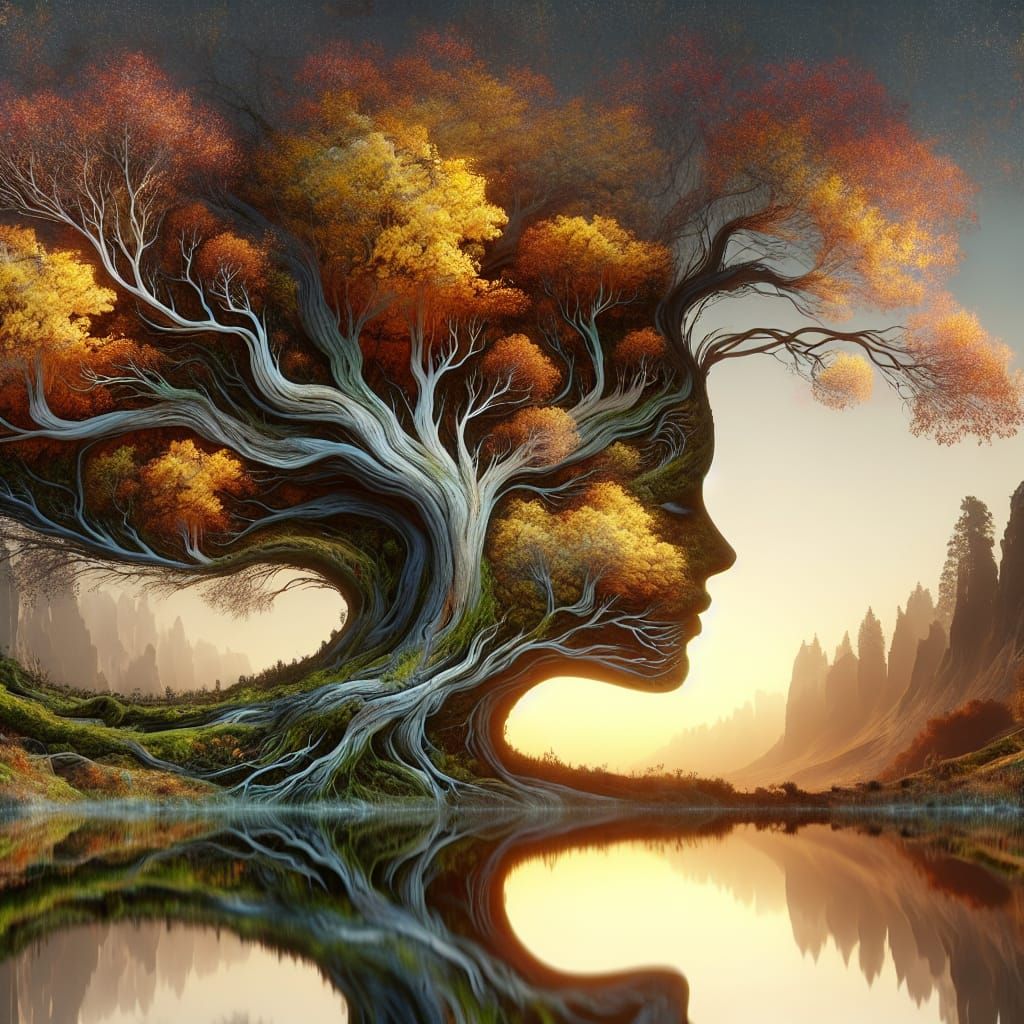 Surreal Tree Woman Silhouette in Dreamlike Landscape