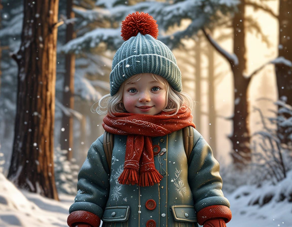 Whimsical Winter Wonderland with Joyful Girl and Snowman