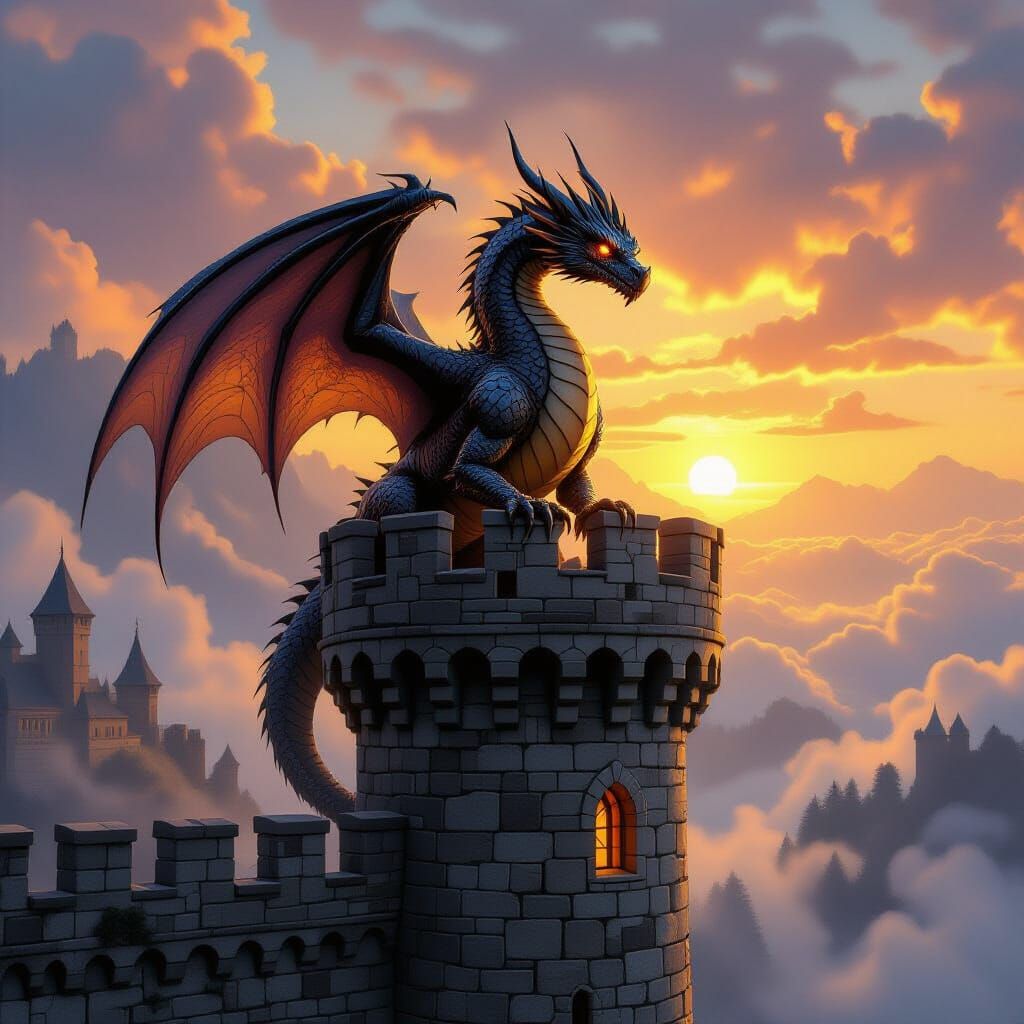 Majestic Dragon on Castle Turret at Sunrise