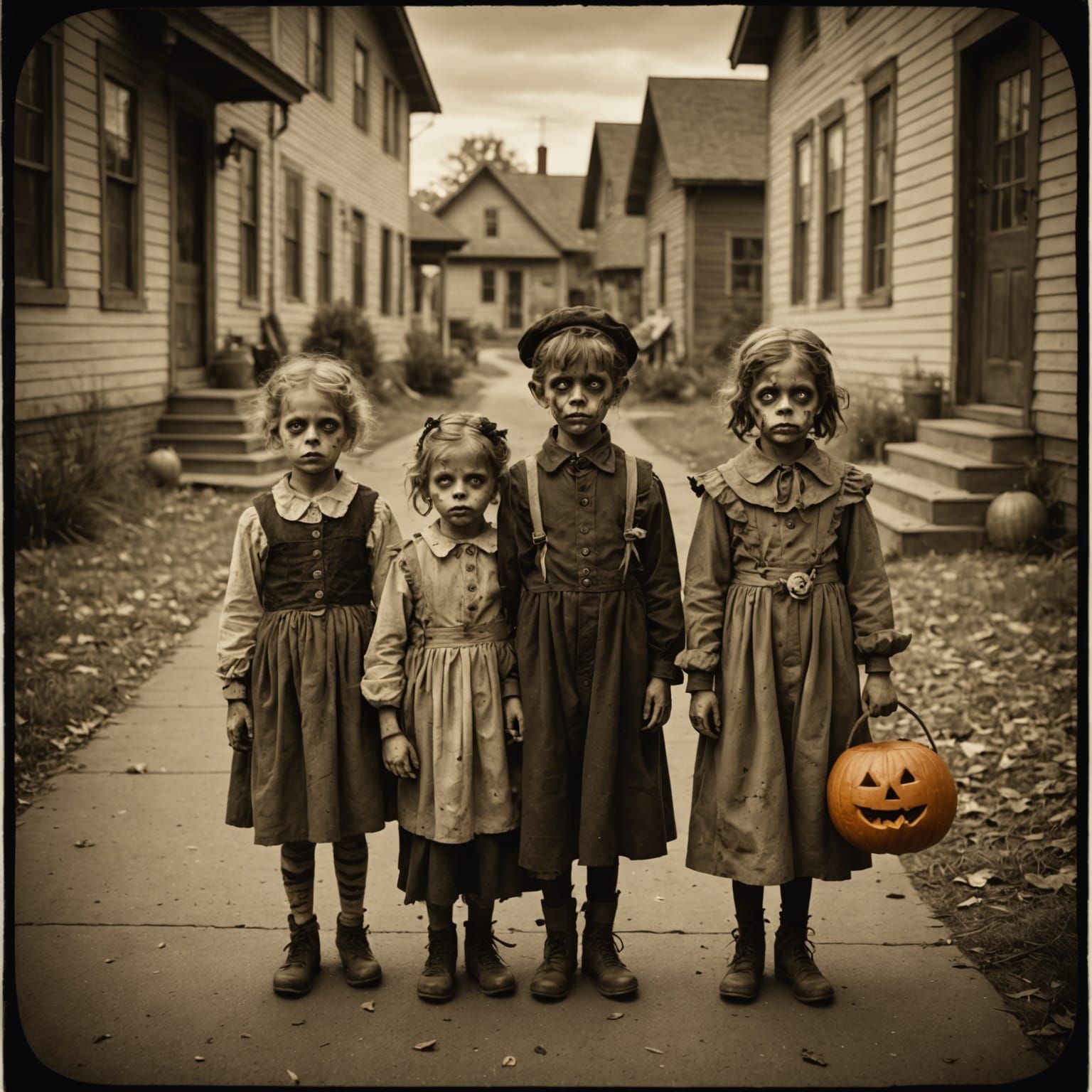 Vintage Sepia Photo of Zombie Children Trick-or-Treating