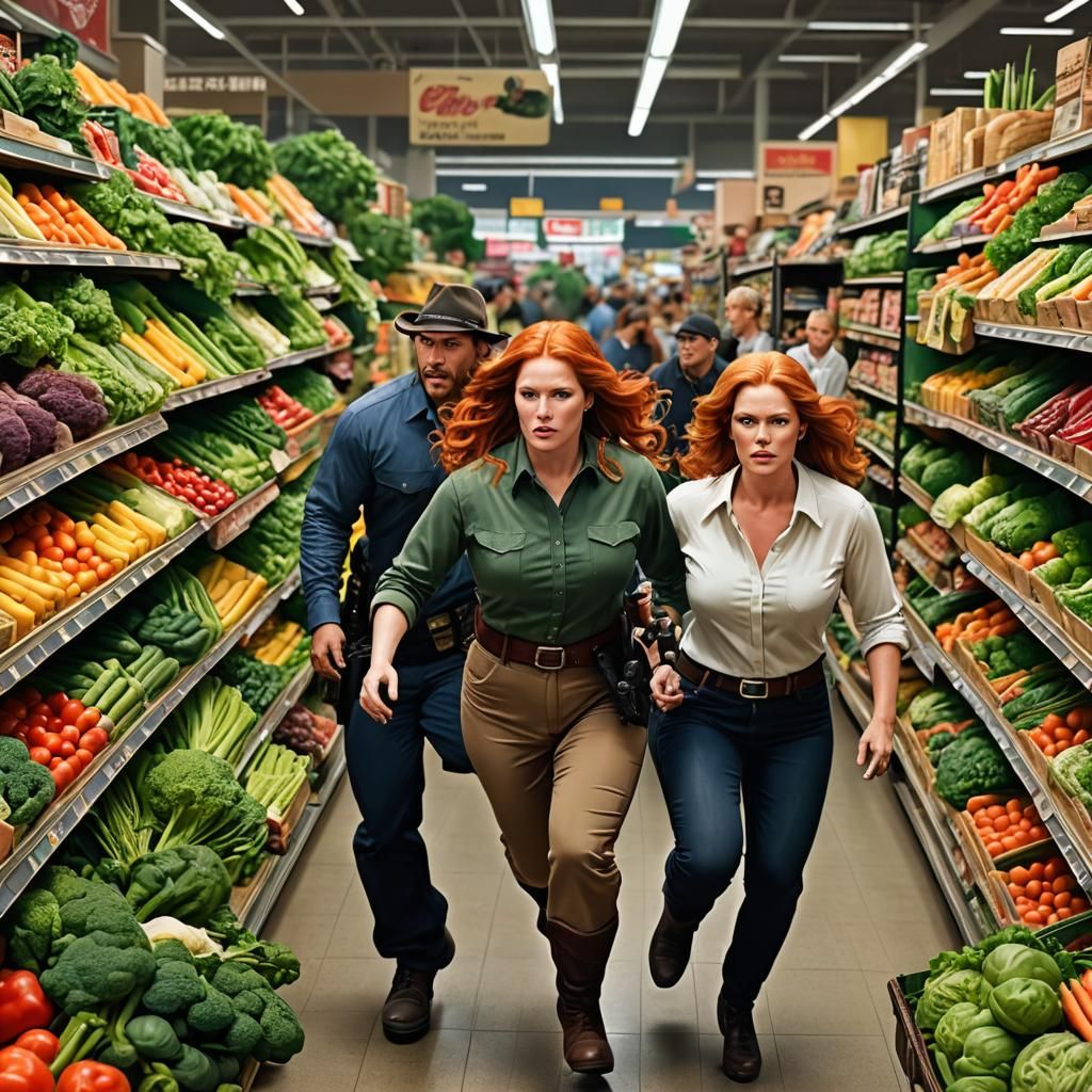 Redhead Gunslinger's Supermarket Chase in Hyperrealistic Sty...