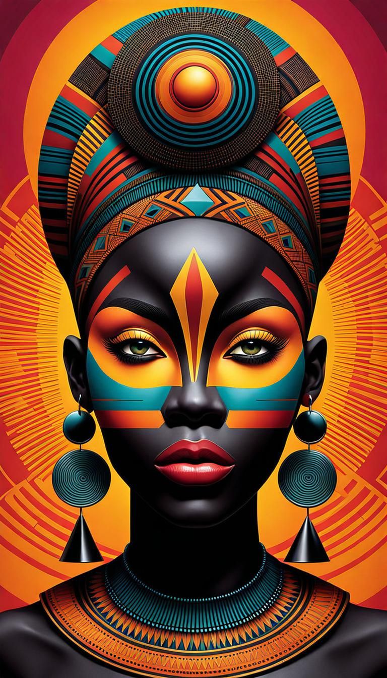 African tribal art with the sleek, futuristic aesthetic of Afrofuturism.