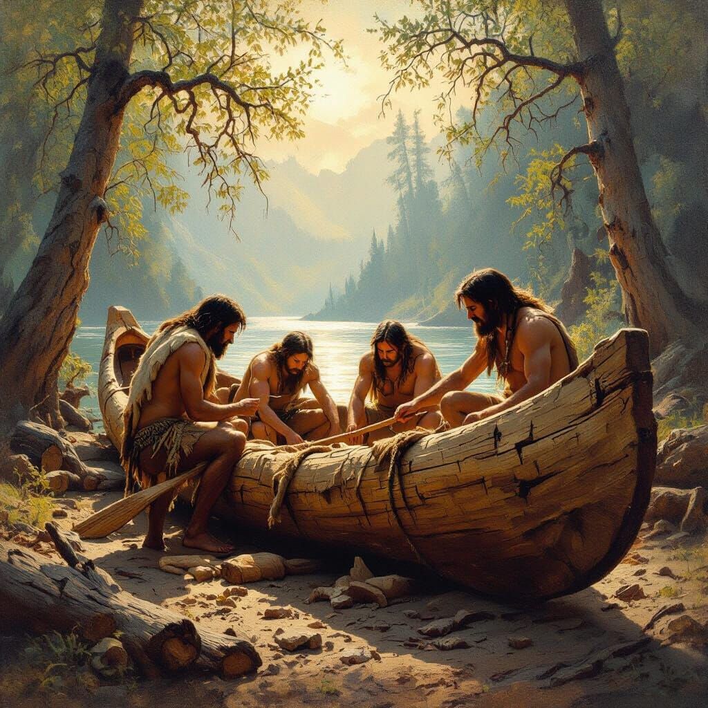 Ancient Peoples Crafting Dugout Canoes in Oil Painting Style
