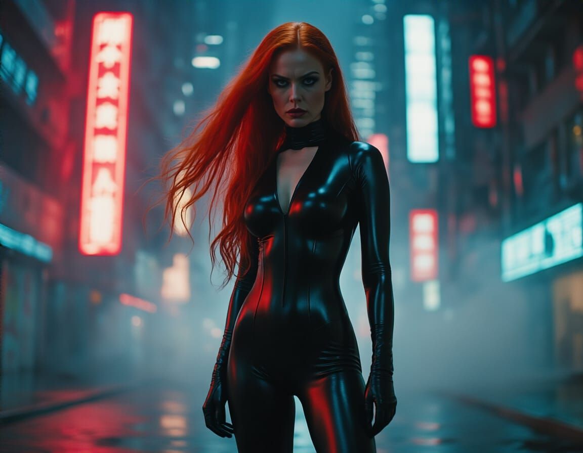 Woman in Catsuit in Futuristic Neon City