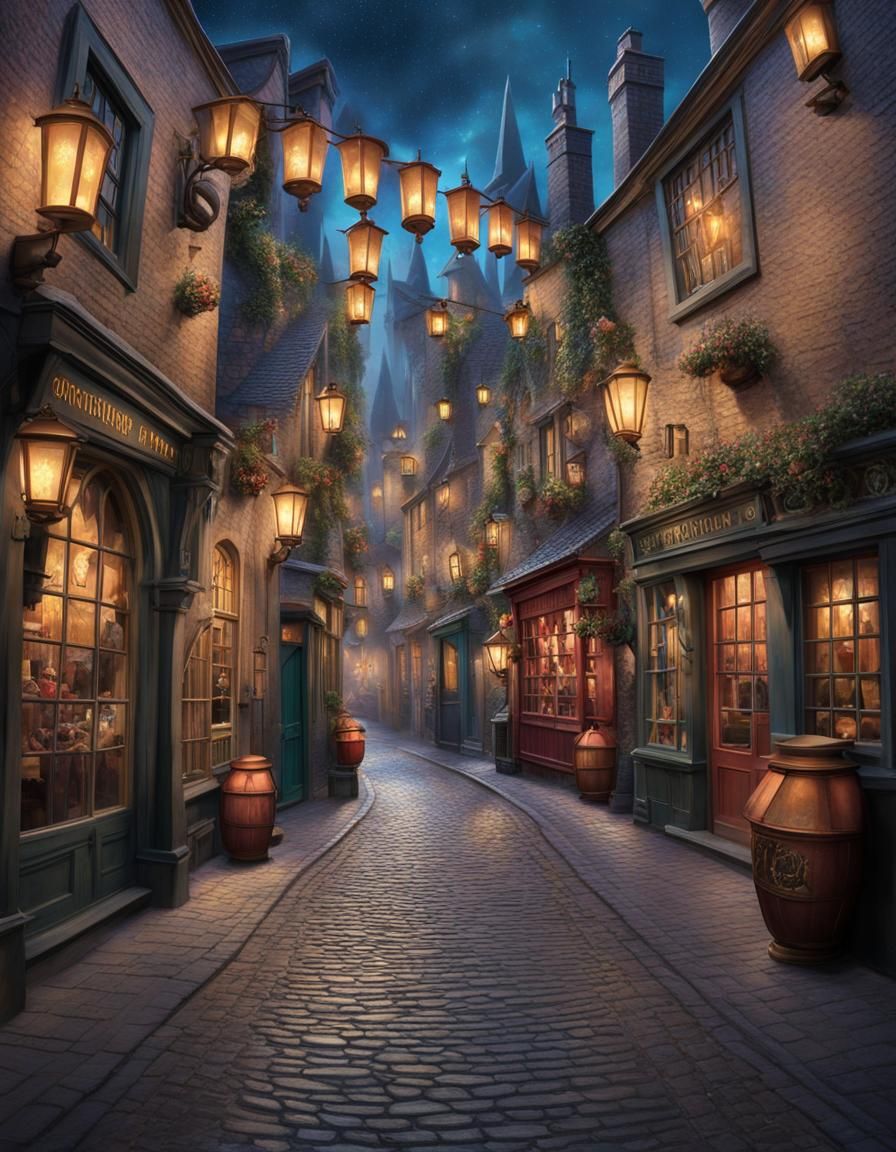 Magical Diagon Alley Scene with Harry Potter Trio