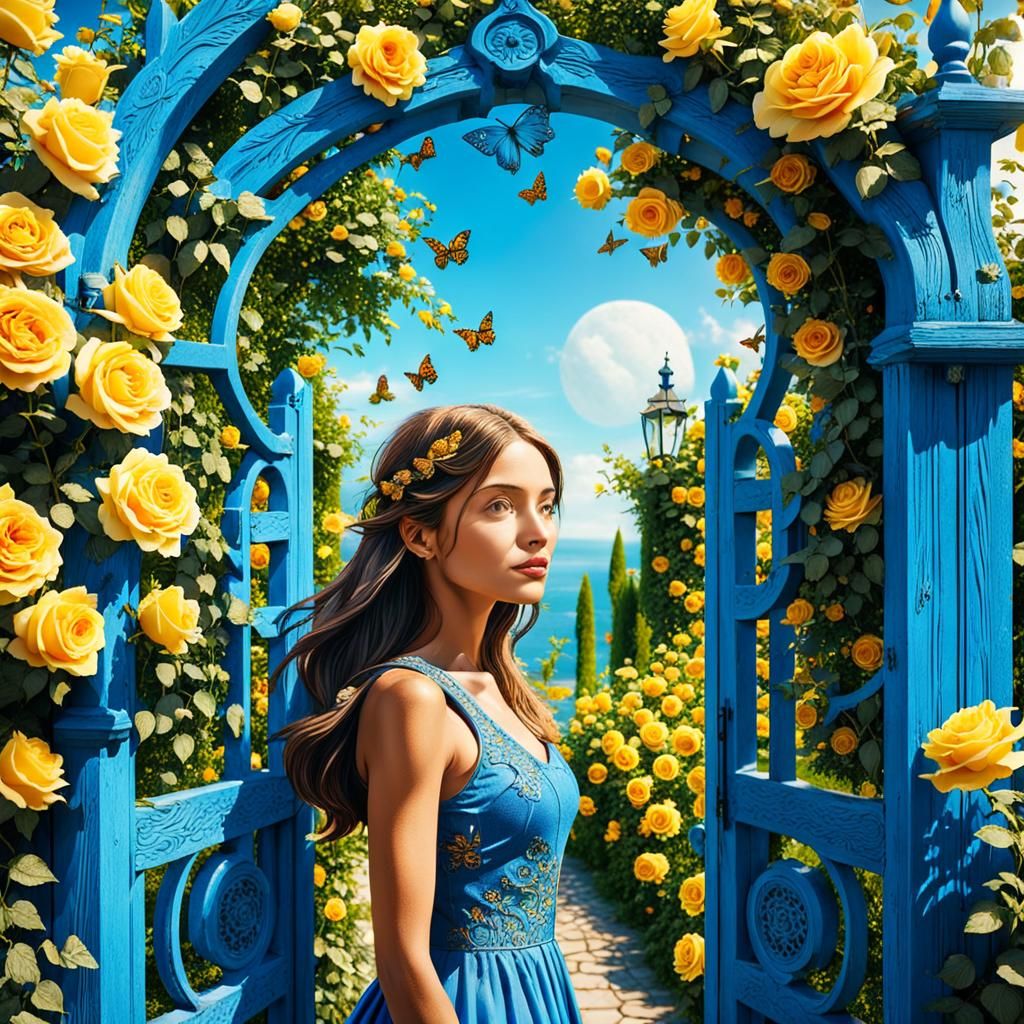 Woman in Rose-Covered Garden Gateway