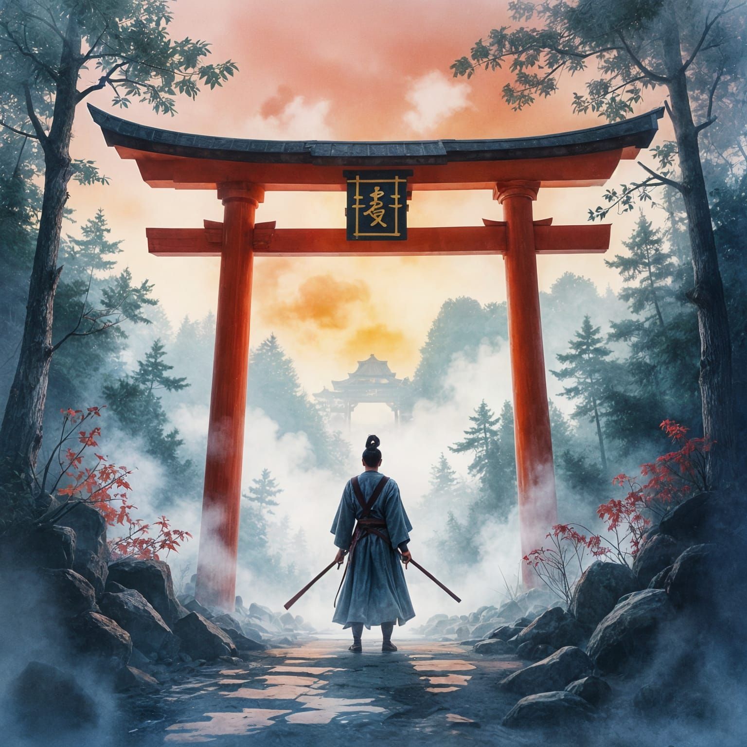 Mystical Samurai Guards Fantastical Forest Torii Gate