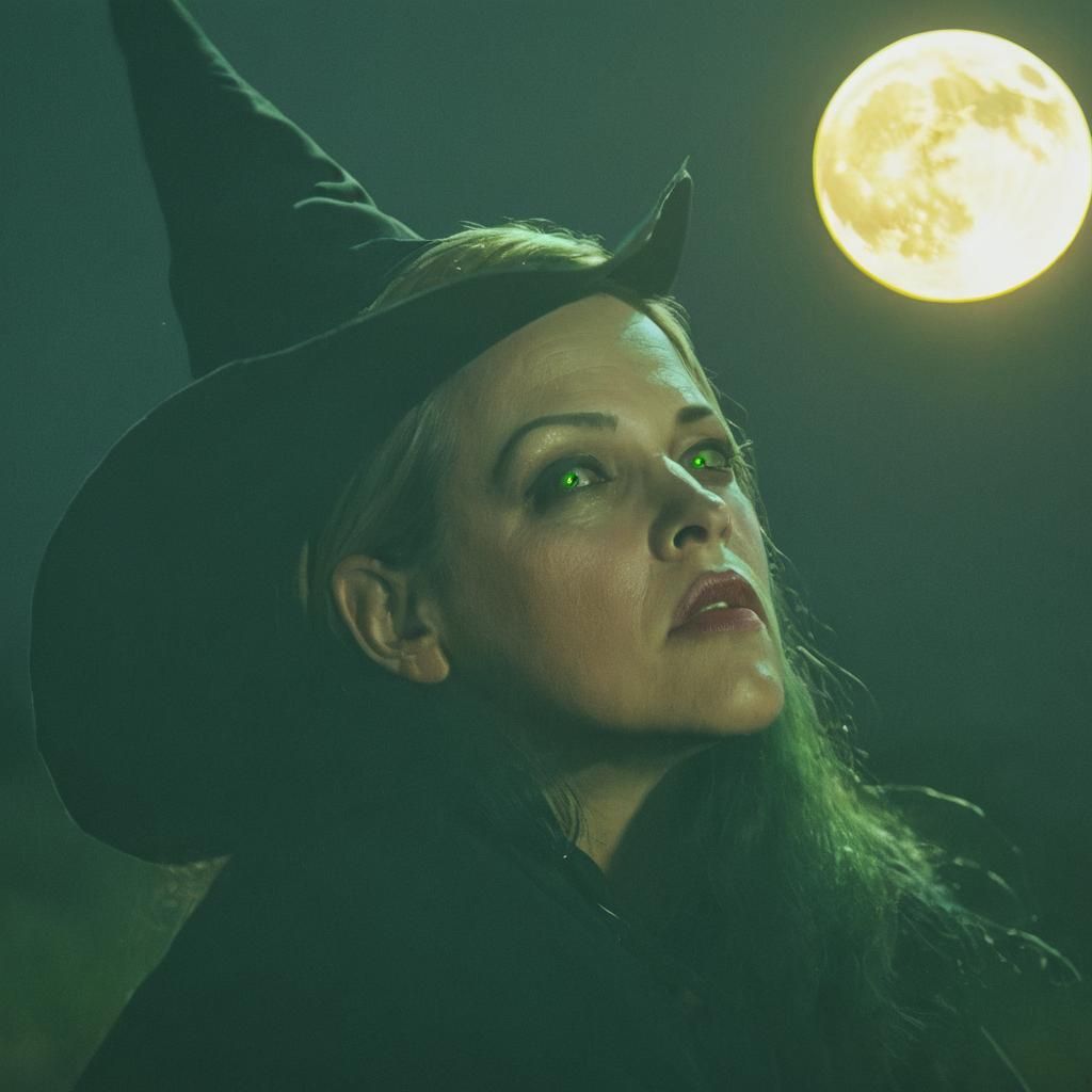 Green-Eyed Witch Kissing the Moon: Cinematic Film Still