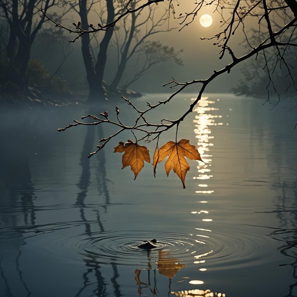 Autumn Leaf Reflection in Moonlight: Digital Painting