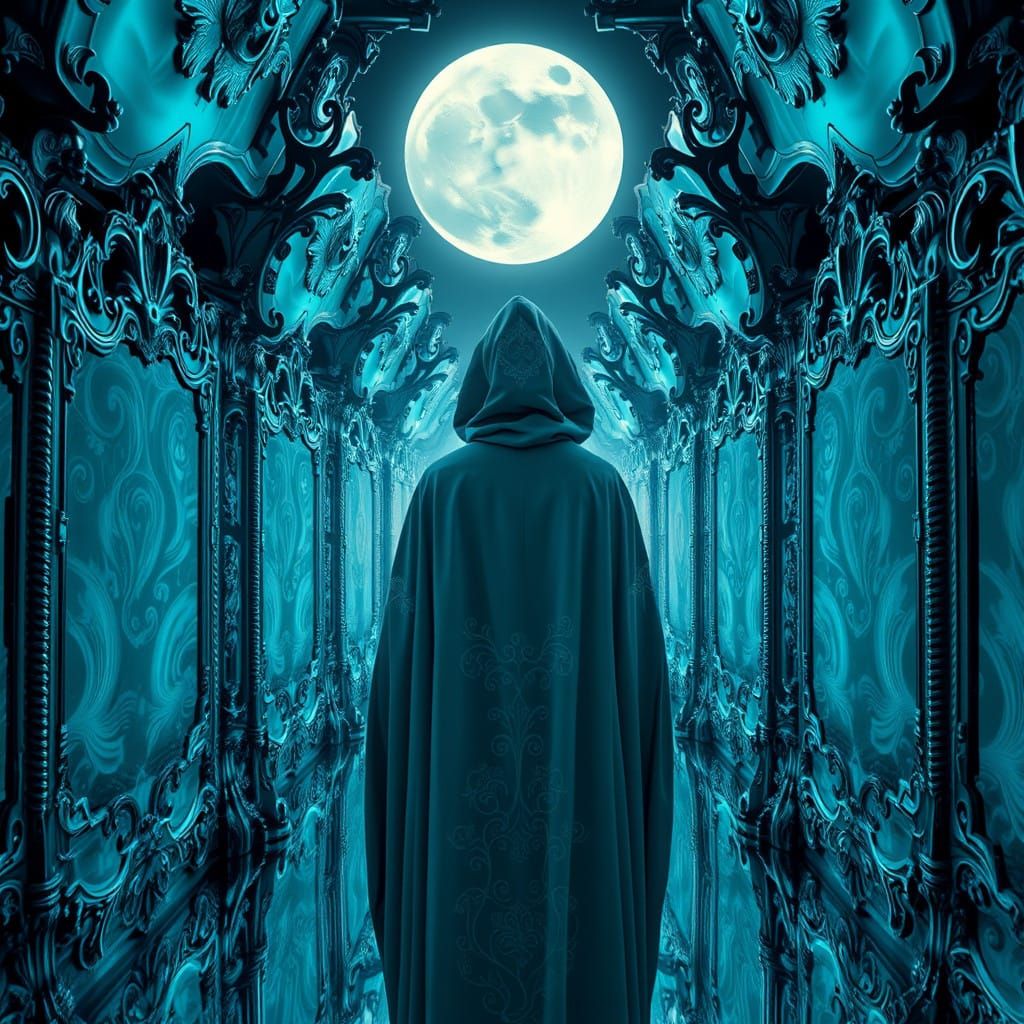 Lone Figure in Baroque Mirror Labyrinth Illuminated by Moonl...
