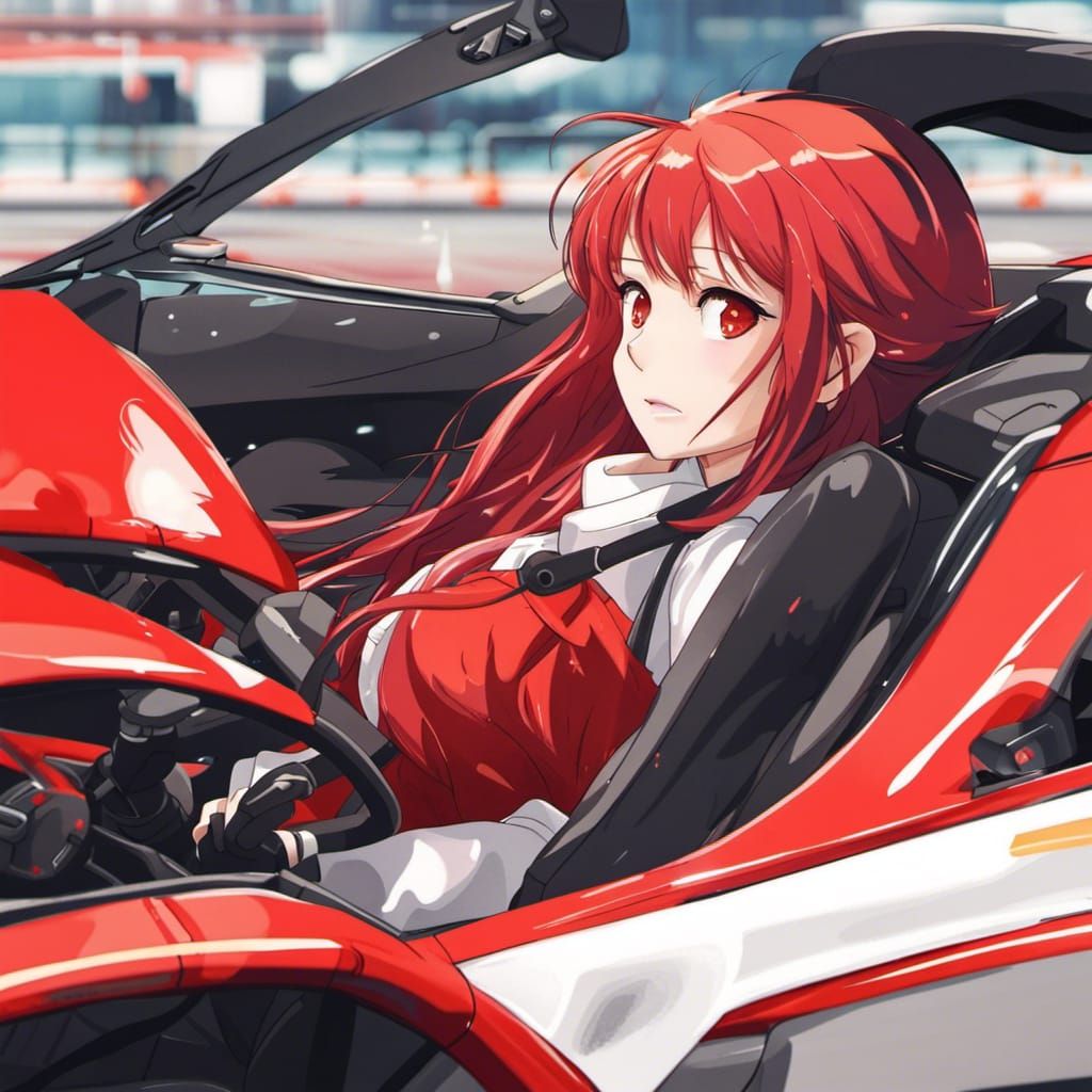Red-Haired Girl Driving Supercar in Anime Style