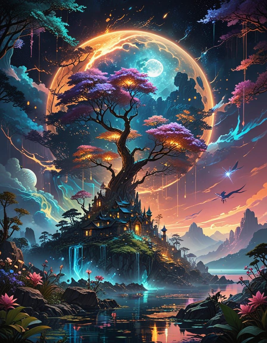 Dreamlike Fantasy Beach at Sunset