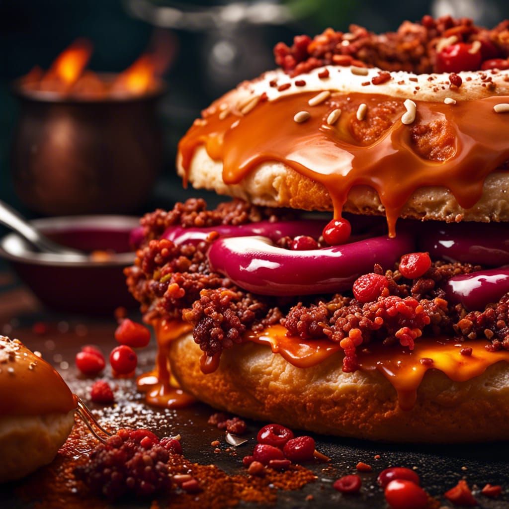 Donut, Grounded Paprika, maple syrup, glaze, Meat Patty sandwich