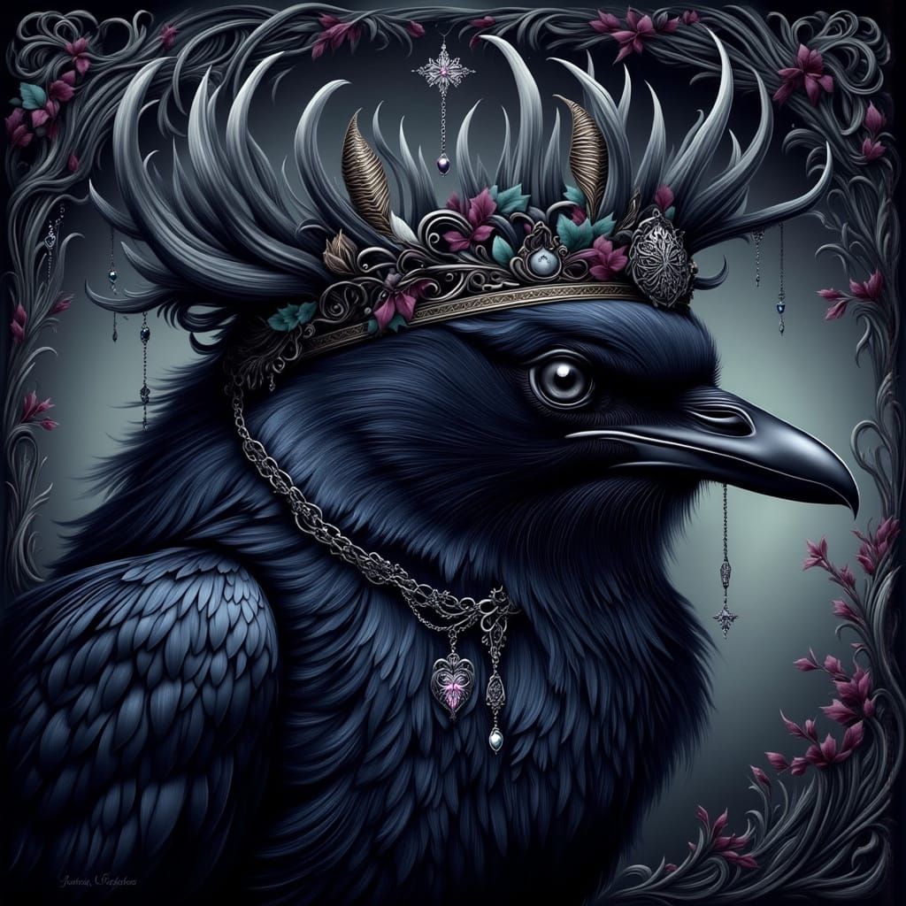 Majestic Black Bird in Ornate Crown with Twisting Branches