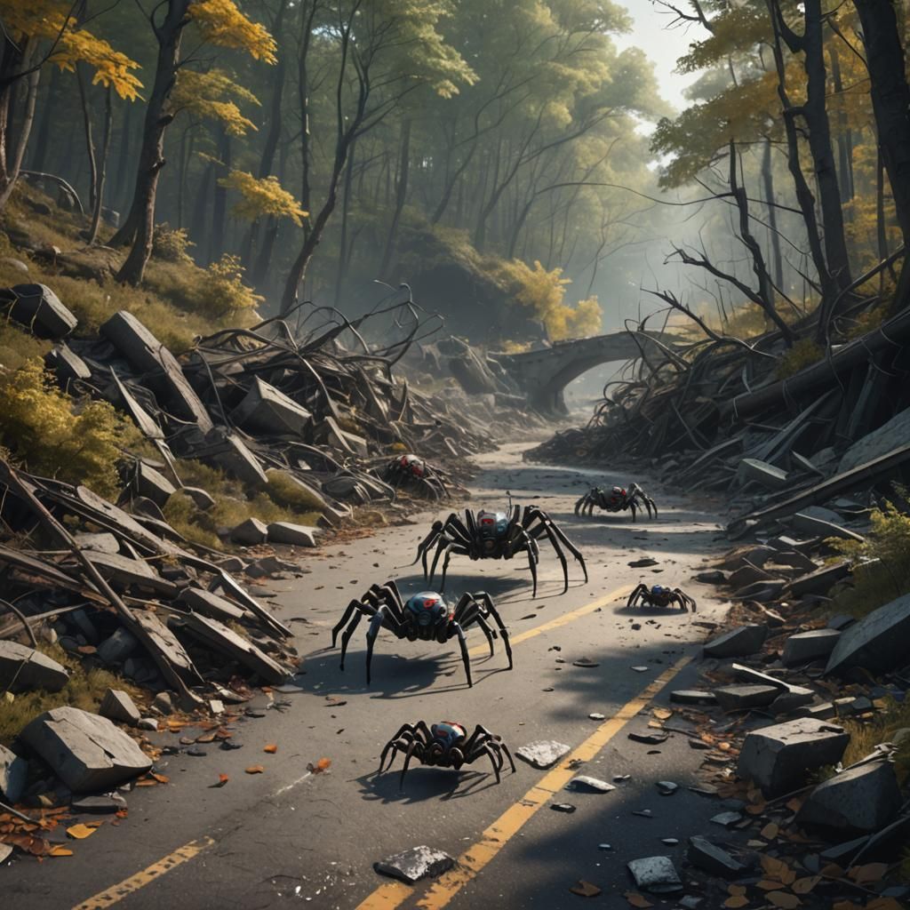 Robot Spider Swarm in Ruined Forest Road