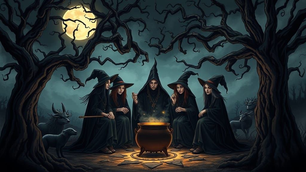 Witches' Cauldron Ceremony in Moonlit Clearing