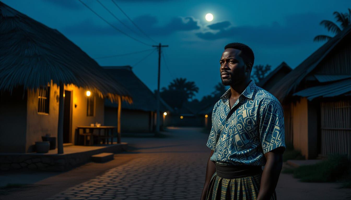 Anxious Igbo Man Outside Village Restaurant at Night