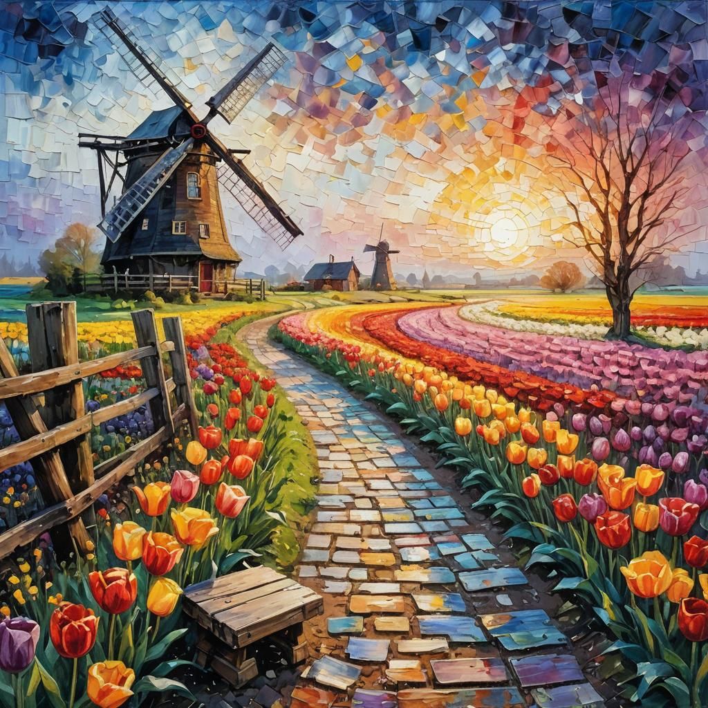 Windmill in Tulip Field: Encaustic Impressionist Painting