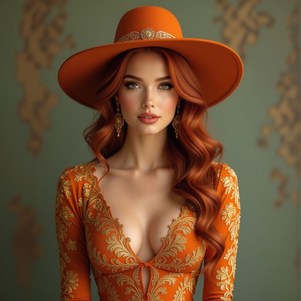 Auburn Beauty in Golden Dress: Hyperrealistic Fantasy Portra...