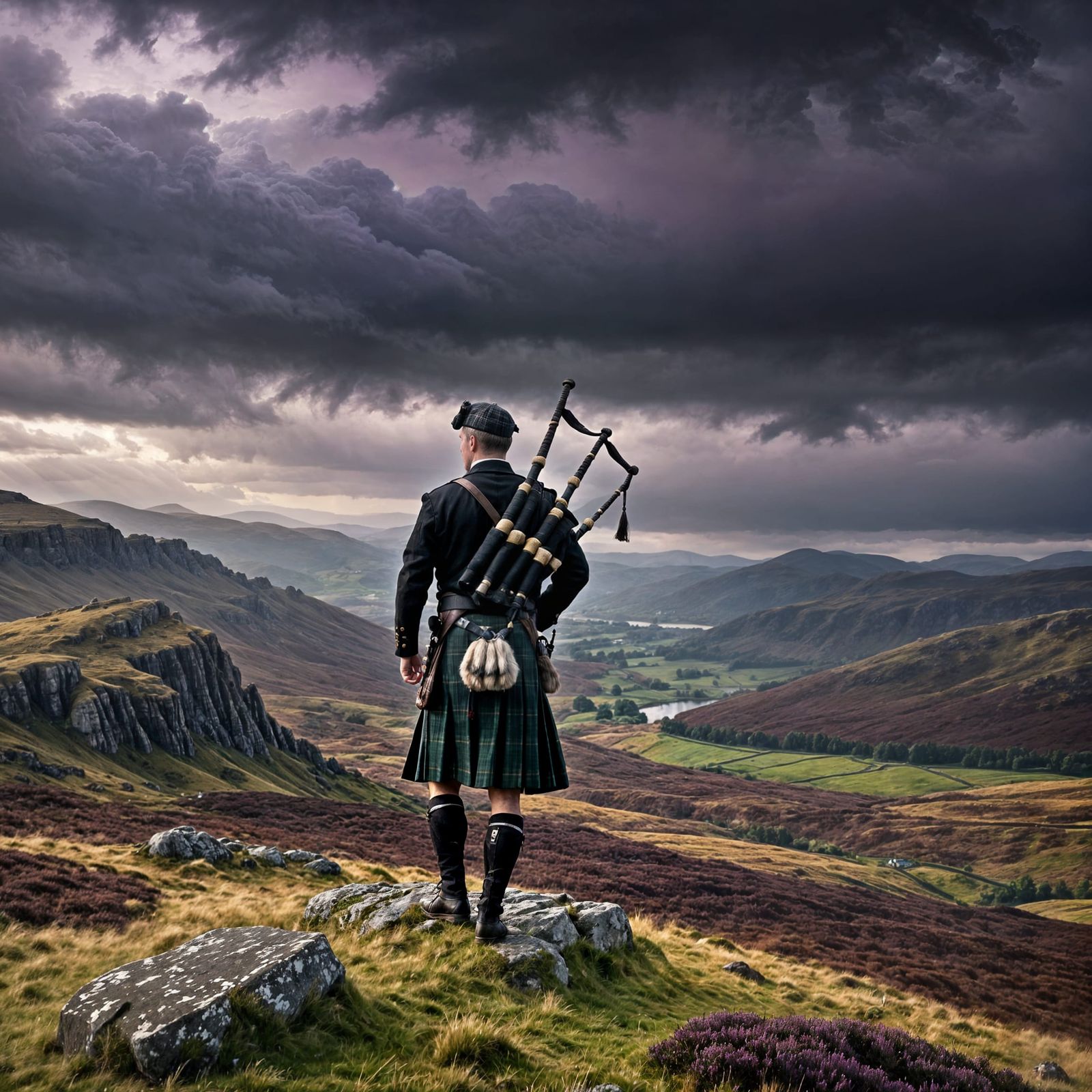 Bagpiper on Scottish Highland Peak in Stormy Sky
