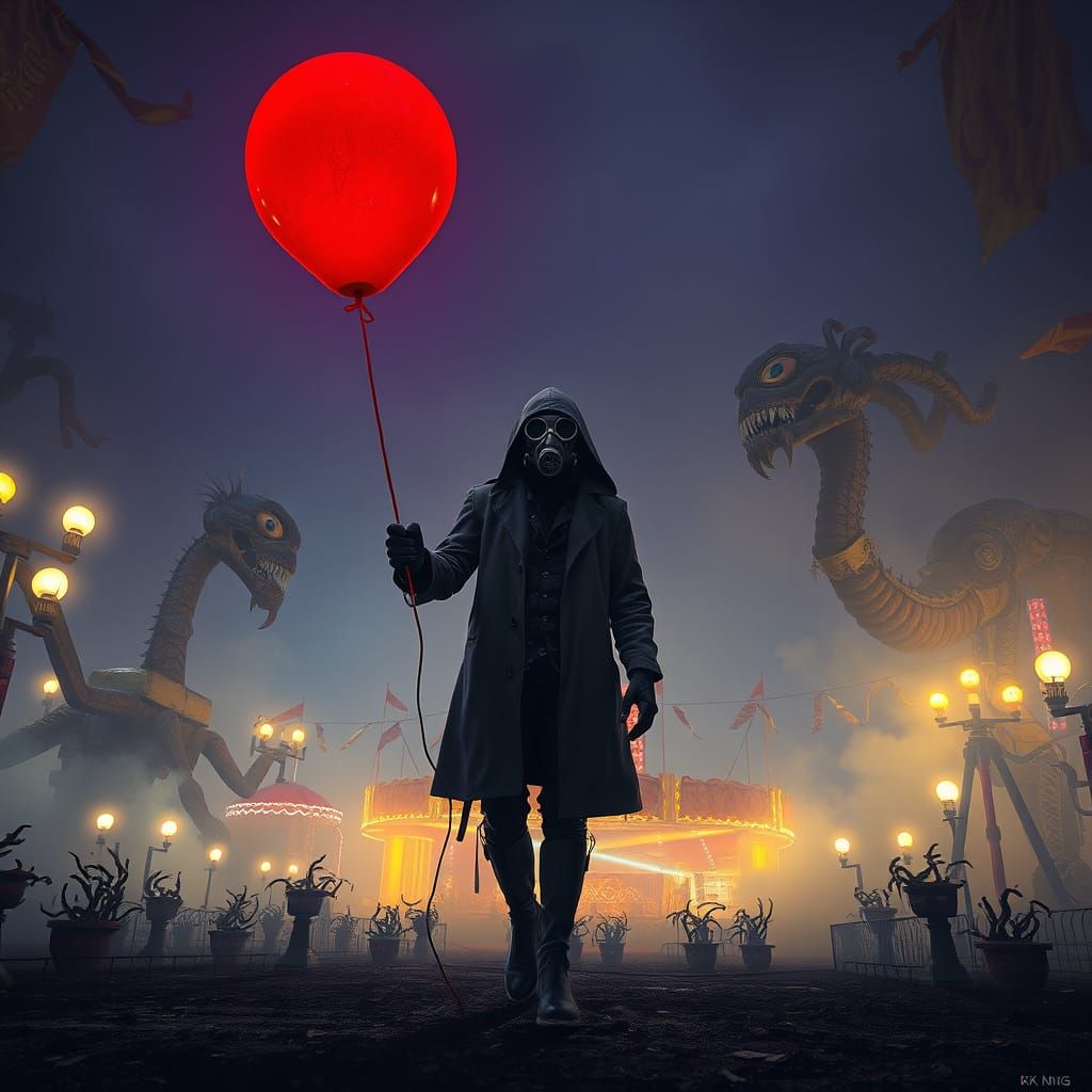 Eerie Carnival Horror Scene with Glowing Alien Plants