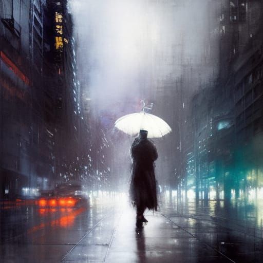 Ghostly Figure with Umbrella in City at Night