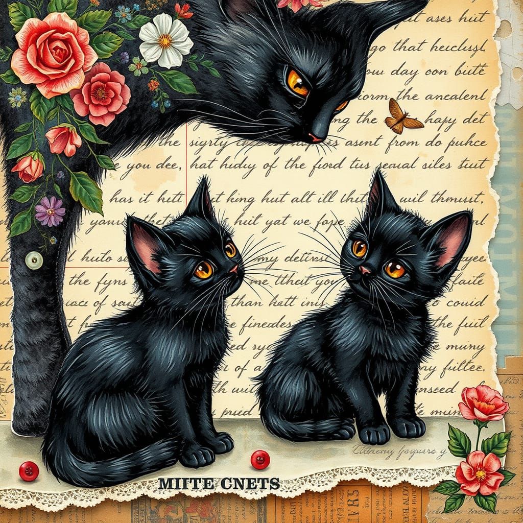 Whimsical Mother Cat Watches Over Kittens in a Fantastical W...