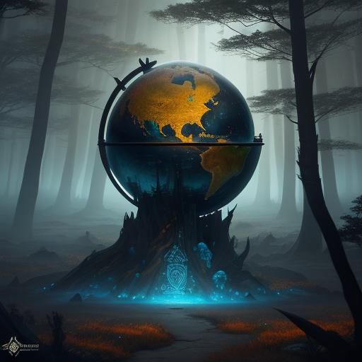 Mystical Globe Above Misty Forest in Fantasy Art