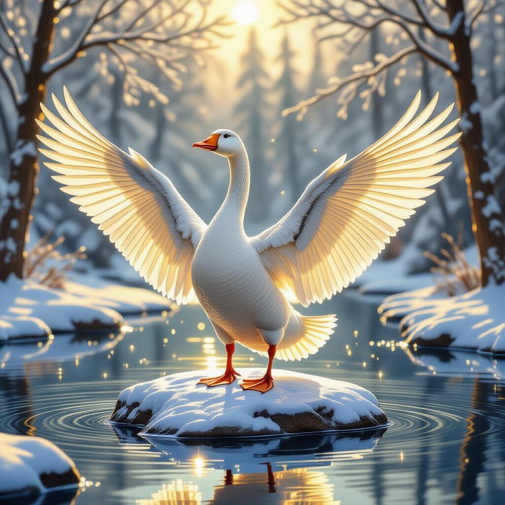 Golden Goose on Ice Pond in Acrylic Style