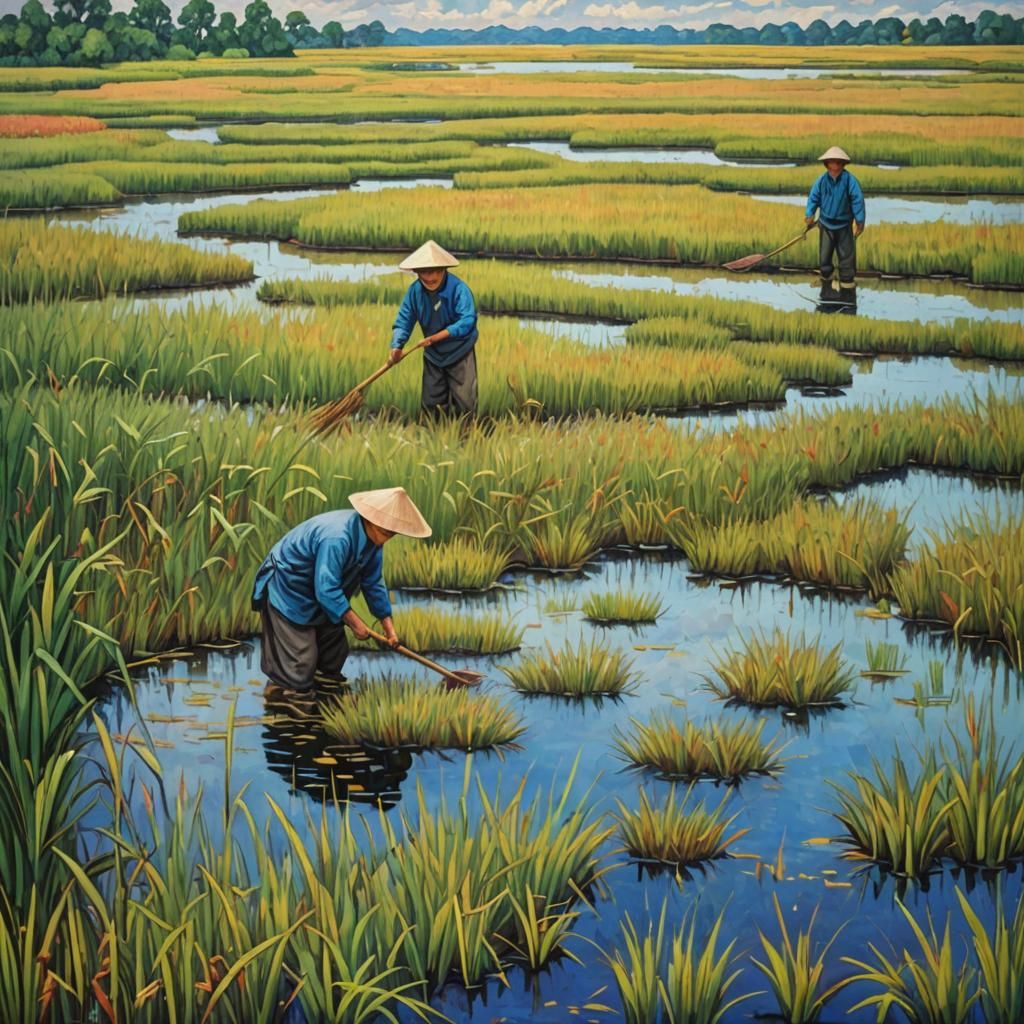 Wild Rice Harvest: Neo-Impressionist Expressionist Painting