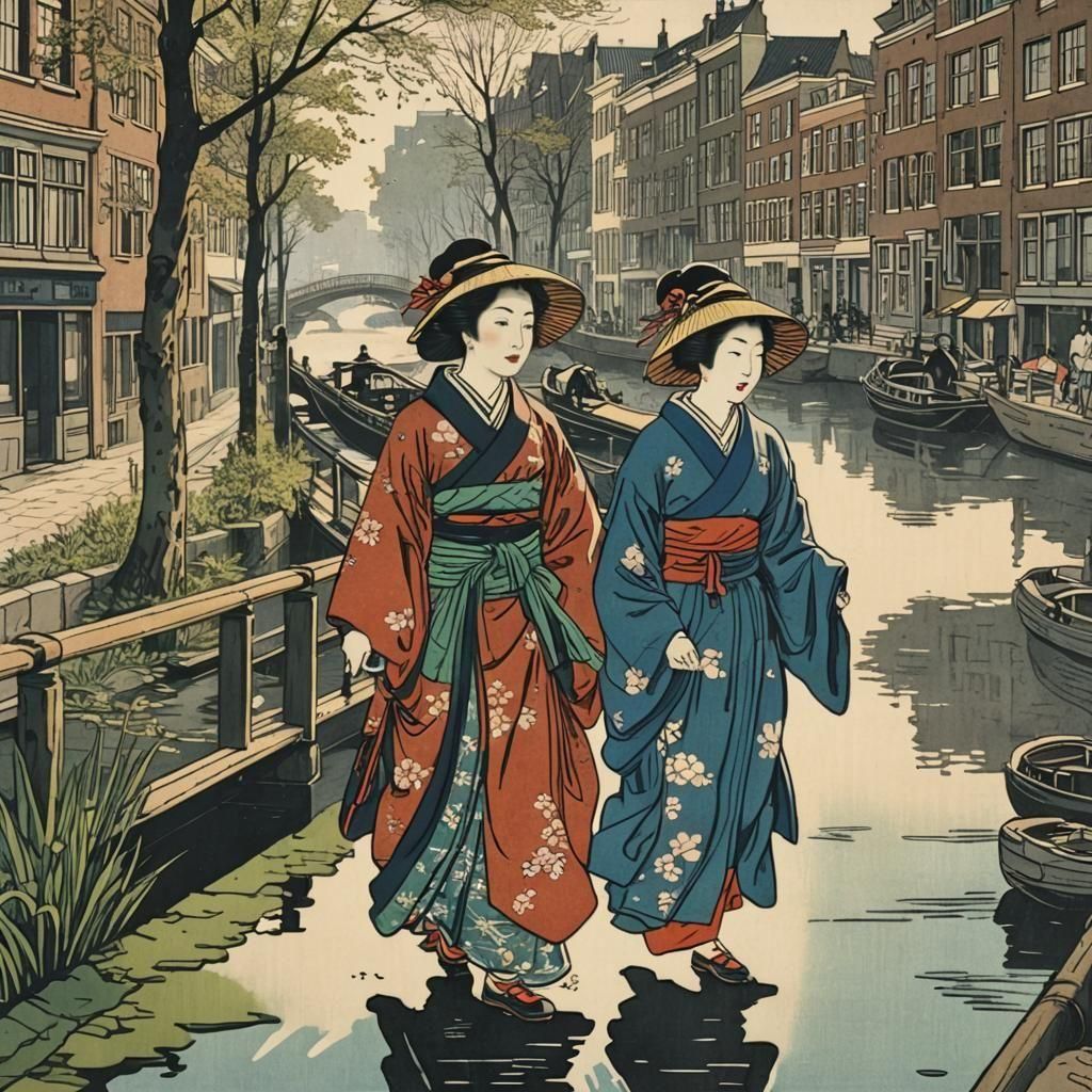 Japanese Woodblock Print: Women Stroll Amsterdam Canals