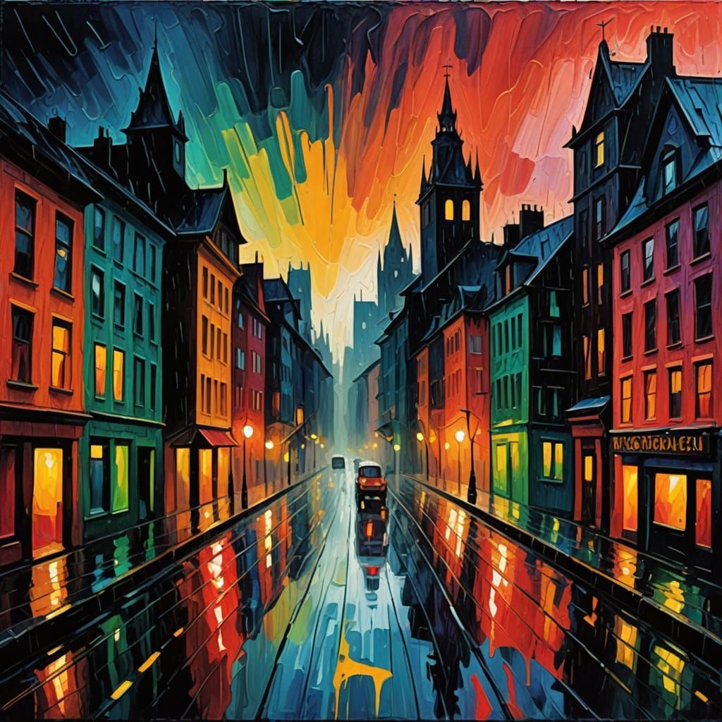 Expressionist Cityscape in Dark, Vibrant Colors