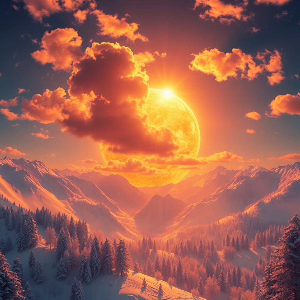 Surreal Sun Rotating Above Winter Wonderland