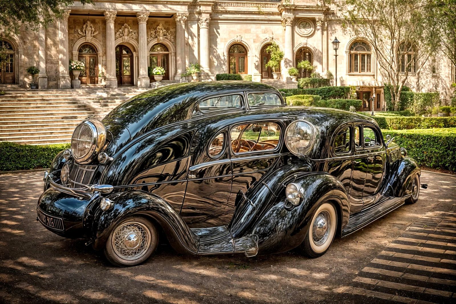 1939 Black Limousine at Luxury Mansion