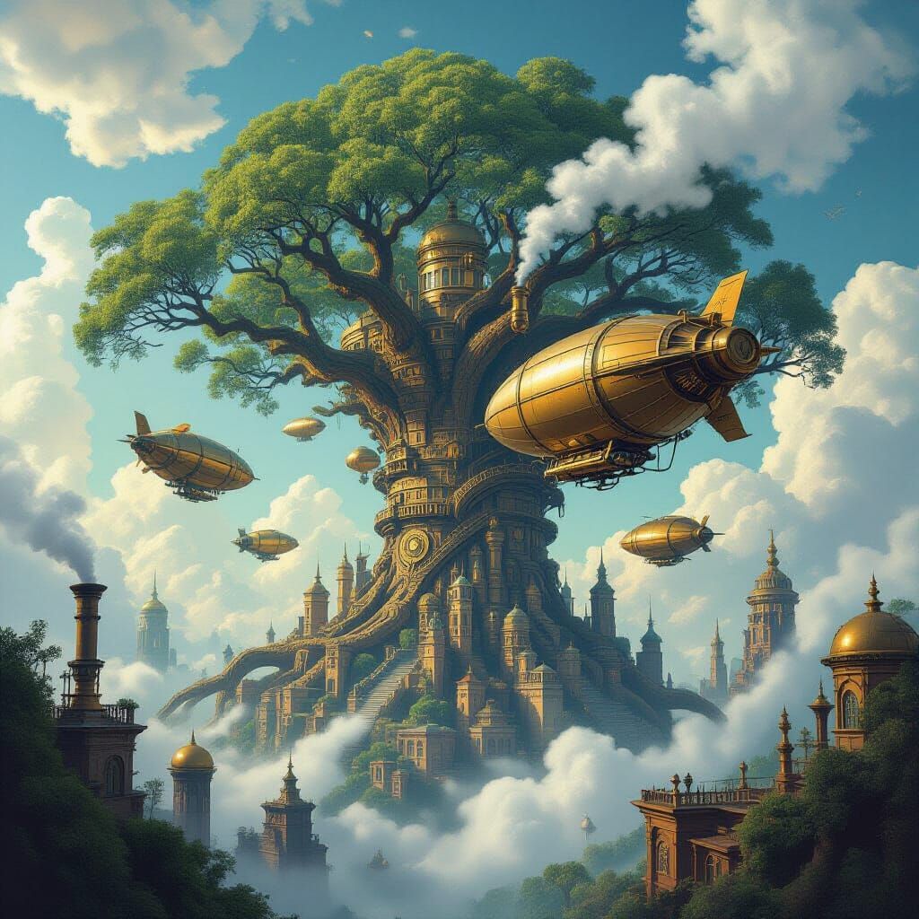 Steampunk World Tree Cityscape with Zeppelins