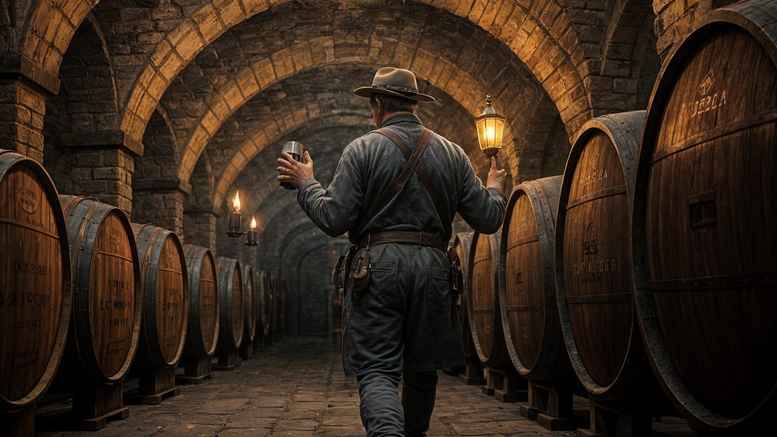Vintage Wine Grower in a Luminous Wine Cellar