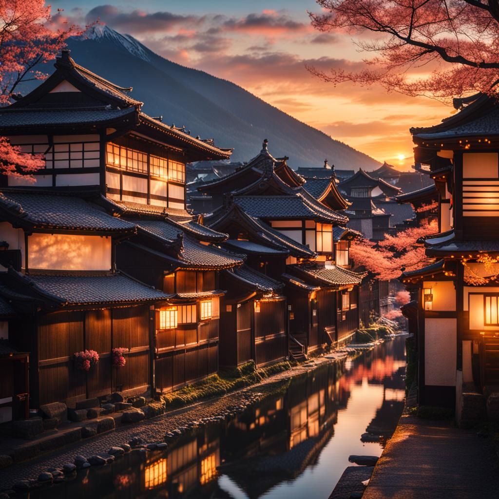Sunset Over a Medieval Japanese Town