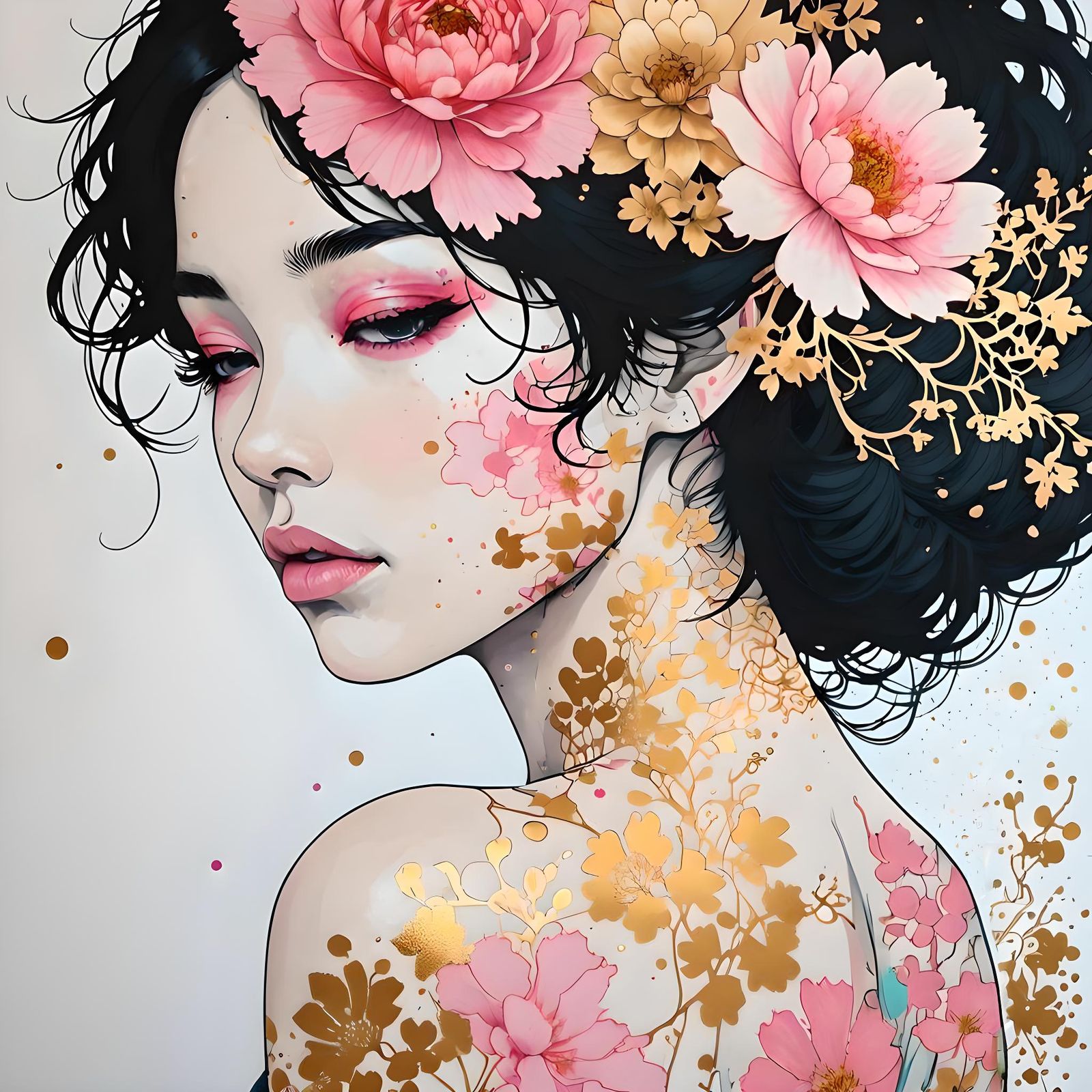 Silhouette Tattoo with Japanese Floral Patterns