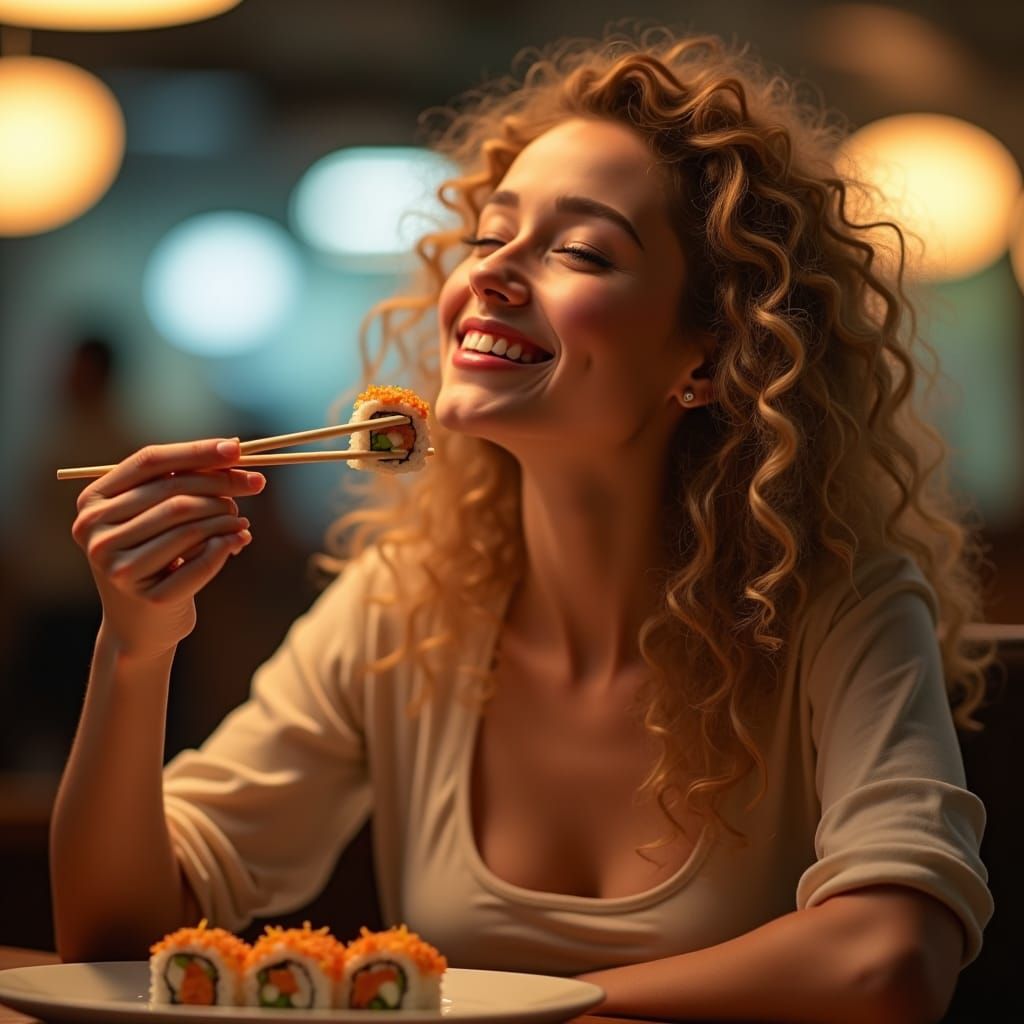 Dreamy Portrait of Woman Enjoying Sushi