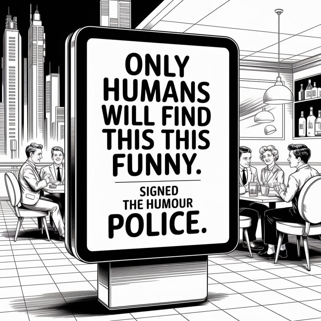 Humorous Advertising Hoarding in a Futuristic Retro Cityscap...