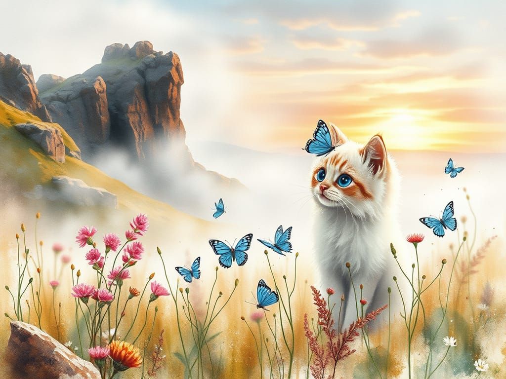 Vibrant Sunrise Moor Scene with Fluffy Cat and Butterflies i...
